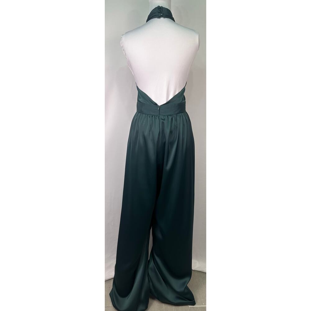 NWT Nasty Gal Emerald Green Satin Crossover Halter Wide Leg Jumpsuit Size 6 - Picture 3 of 9